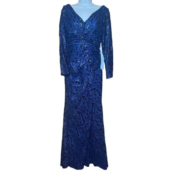 Mac Duggal LONG SLEEVE RUCHED SEQUINED V-NECK GOWN in Midnight Blue NWOT Size 6 - Picture 4 of 8
